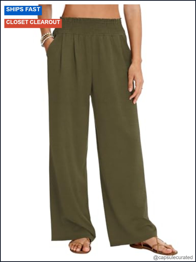 High Waisted Elastic Palazzo Pants With Pockets Wide Leg Casual Beach